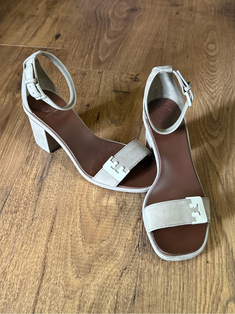 Tory Burch Suede Gabrielle City Block Heel Sandals Beige